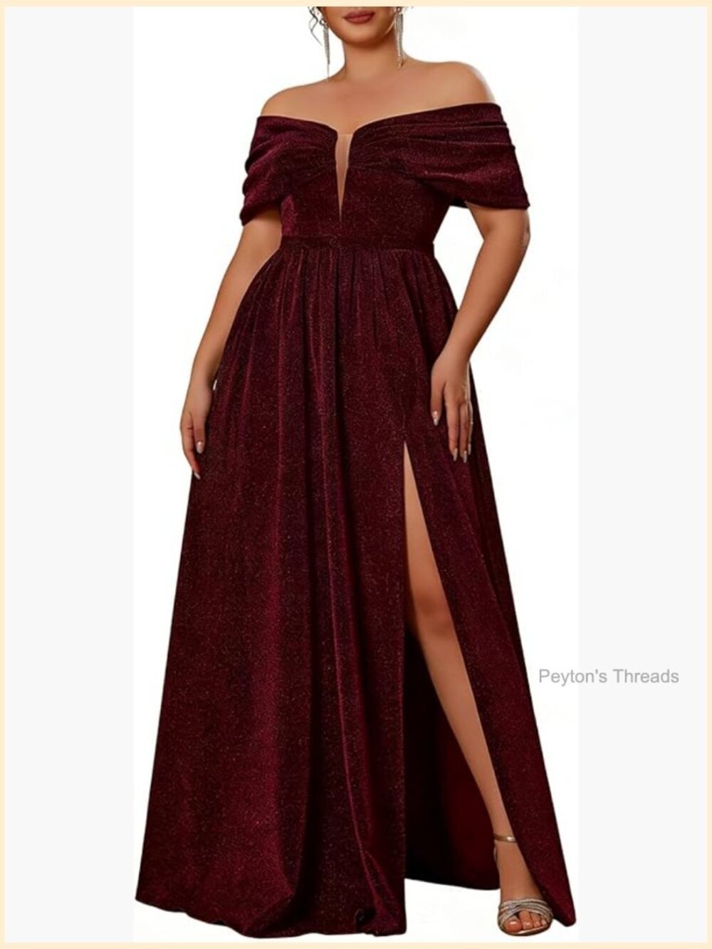 Plus Size Sparkly Off The Shoulder Deep V Neck High Slit Glitter Maxi Dress